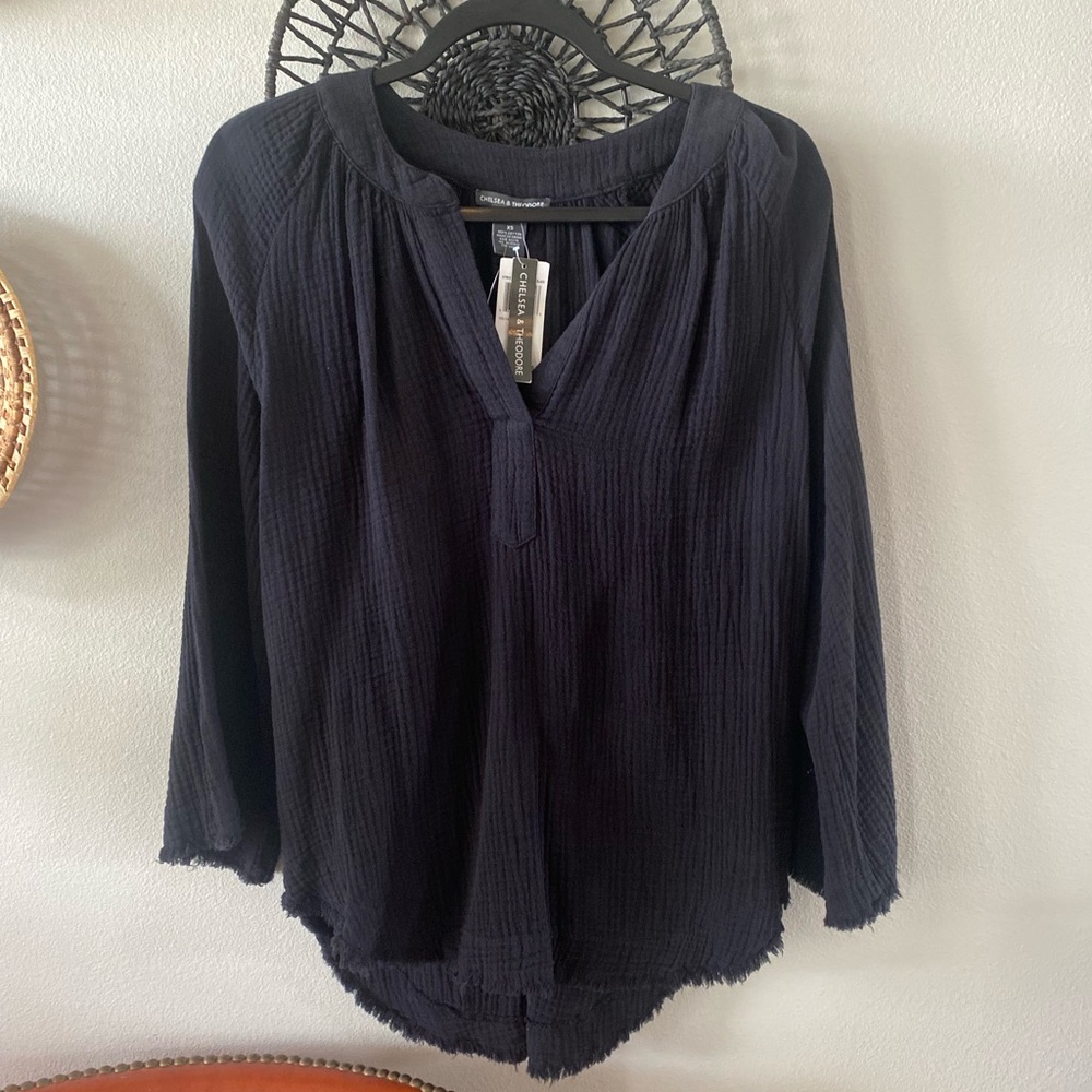 Chelsea & Violet Black Textured Cotton Long-Sleeve Women's Top NWT